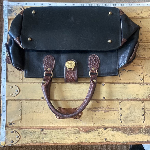 VINTAGE BRAHMIN DESIGNER BLACK 100% LEATHER BROWN CROC STRUCTURED BAG PURSE - Picture 4 of 16